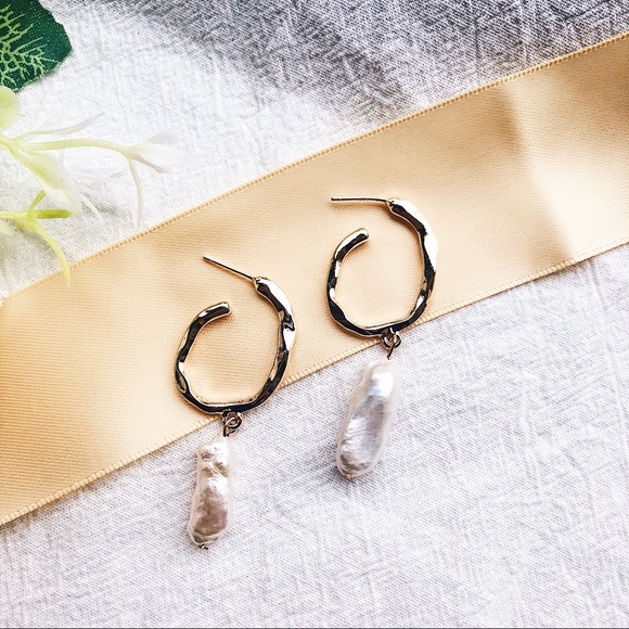 New💕Freshwater Pearl Gold Hoop Drop Earrings - Picture 3 of 6